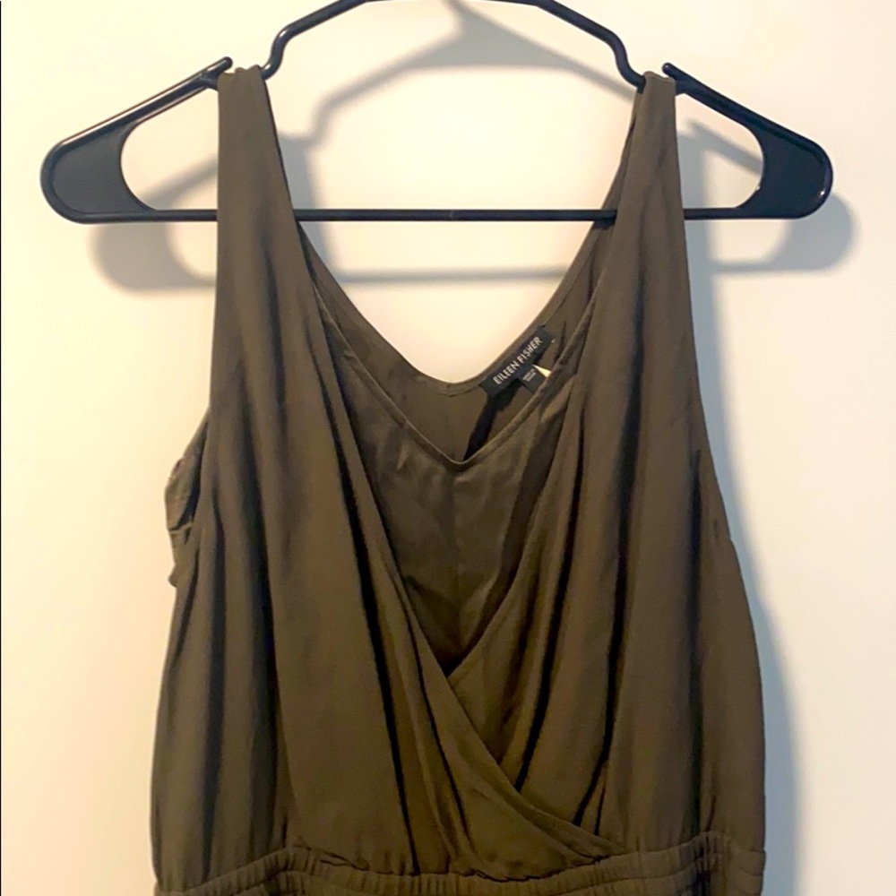 Eileen Fisher dark green silk wrap dress